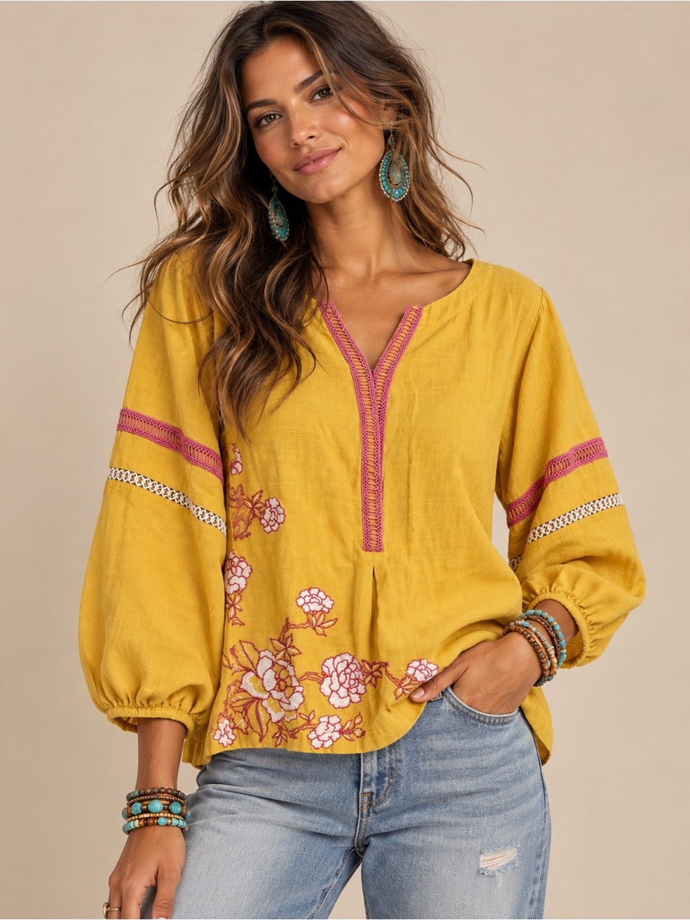 Nishat Mustard Embroidered Peasant Tunic with Pink Accents